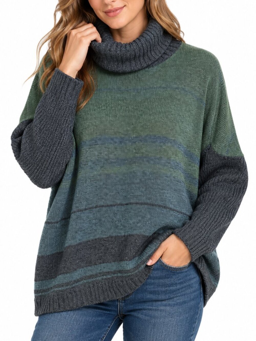 PERUVIAN CONNECTION Knit Turtleneck Sweater Green Blue XS/S Oversized Cotton